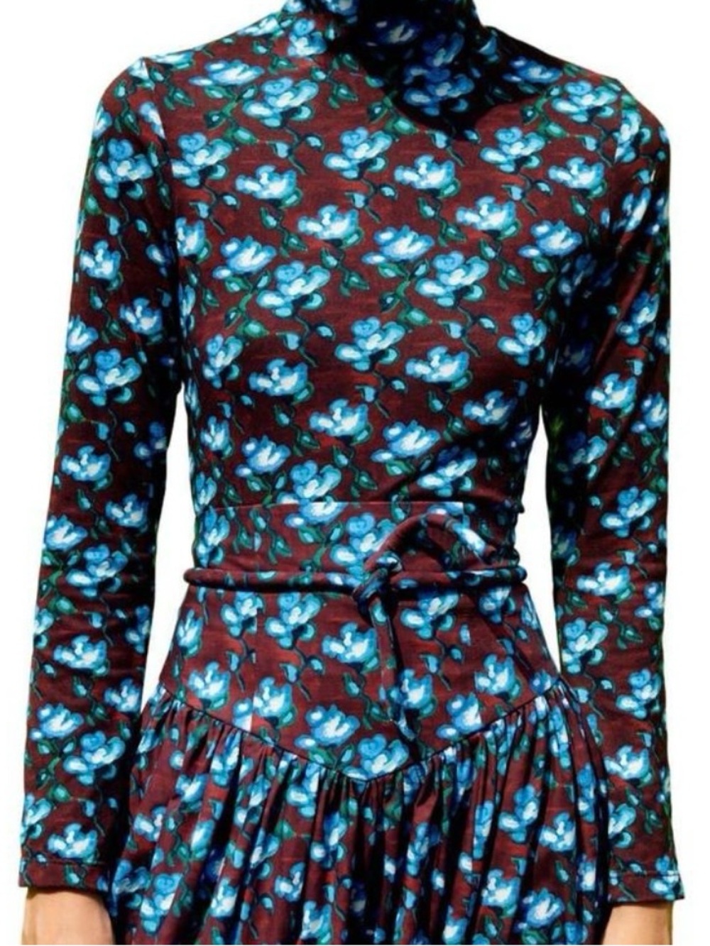 De Lorata Floral Mock Neck Long Sleeve Top - Blue Floral on Burgundy, Slim Fit,S